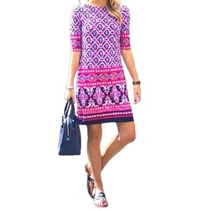 ELIZA J Pink& Navy Print Boatneck Shift Mini Dress with Exposed Gold Back Zipper